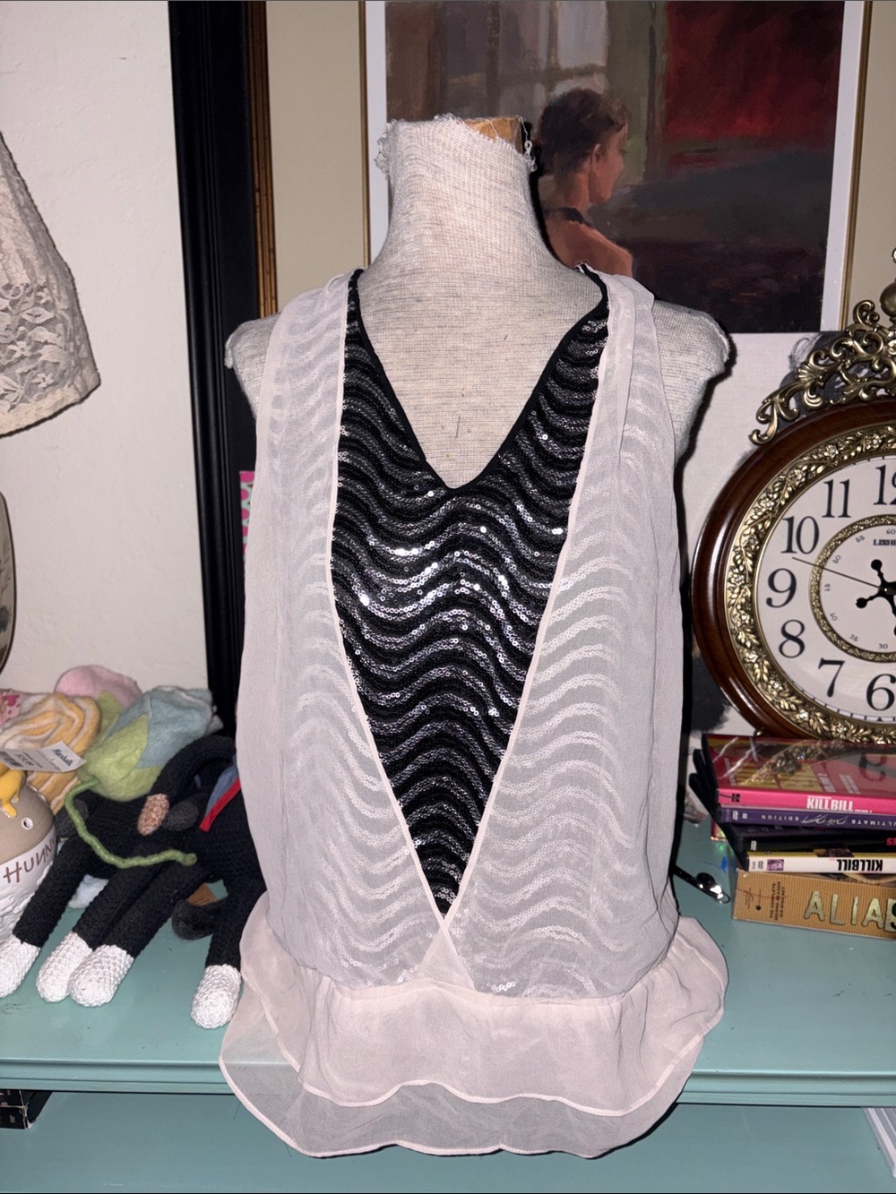 Sheer White Layered Sleeveless Top with Black Sequin Tank
